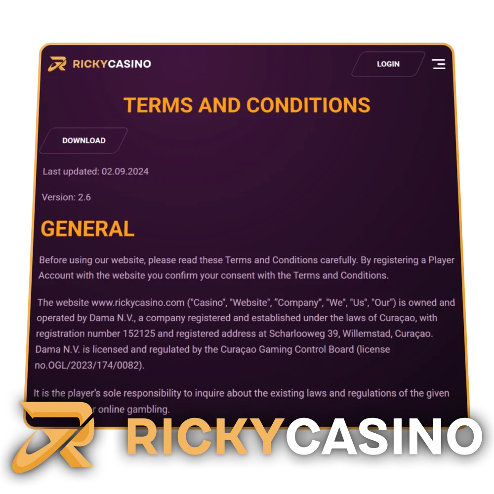 Read Ricky Casino's terms and conditions.