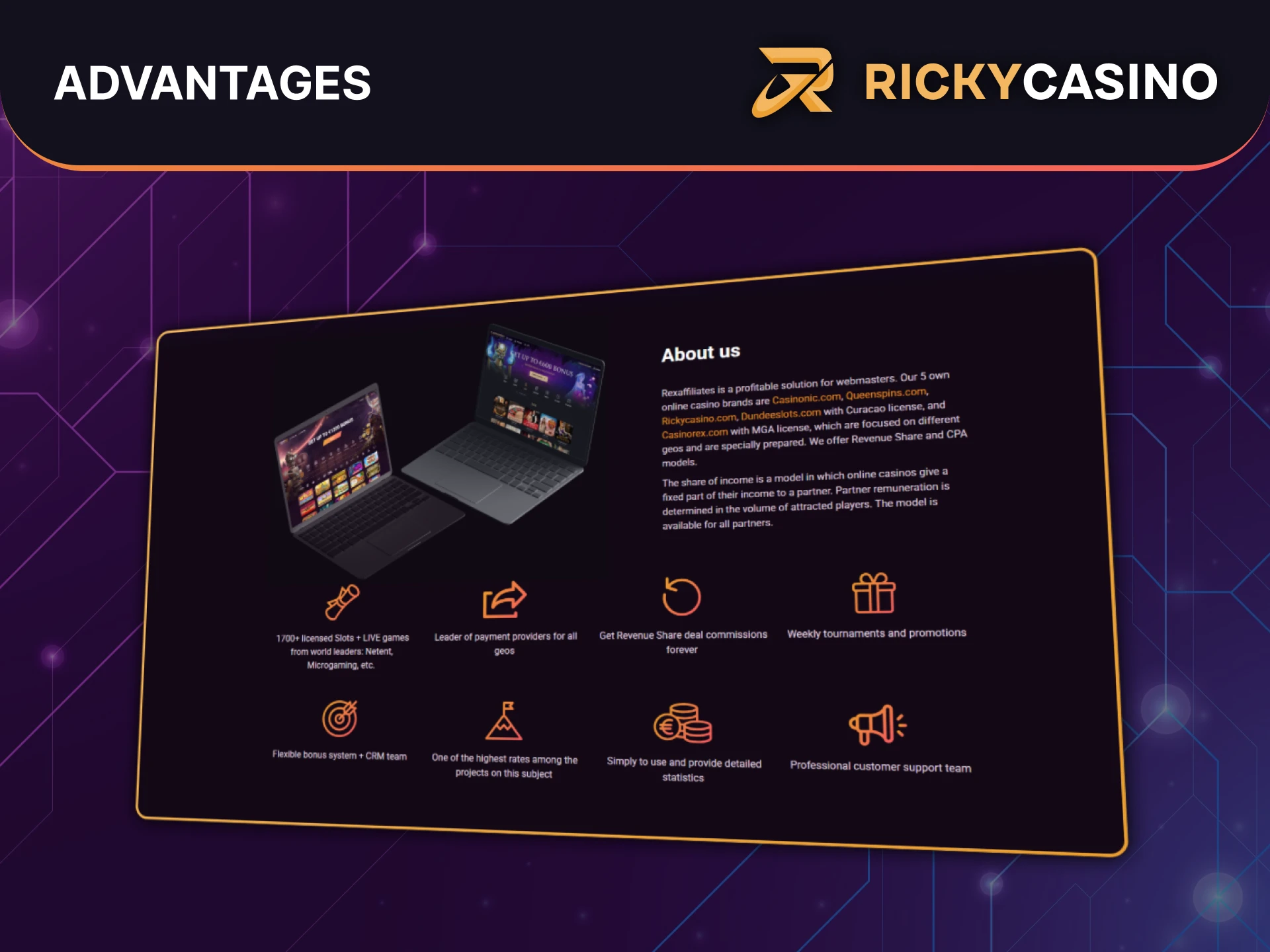 Explore the advantages of joining the Ricky Casino affiliate program.