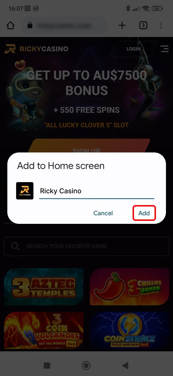 Confirm installation of the Ricky Casino Android app on your device.