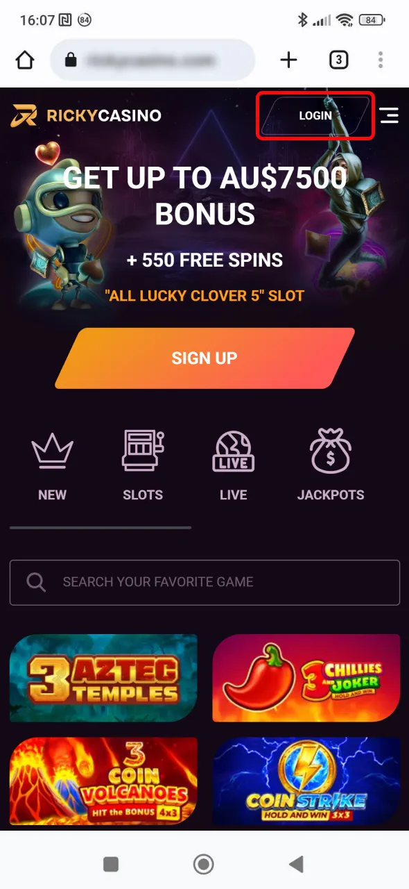 Log in or register using the Ricky Casino Android mobile app.