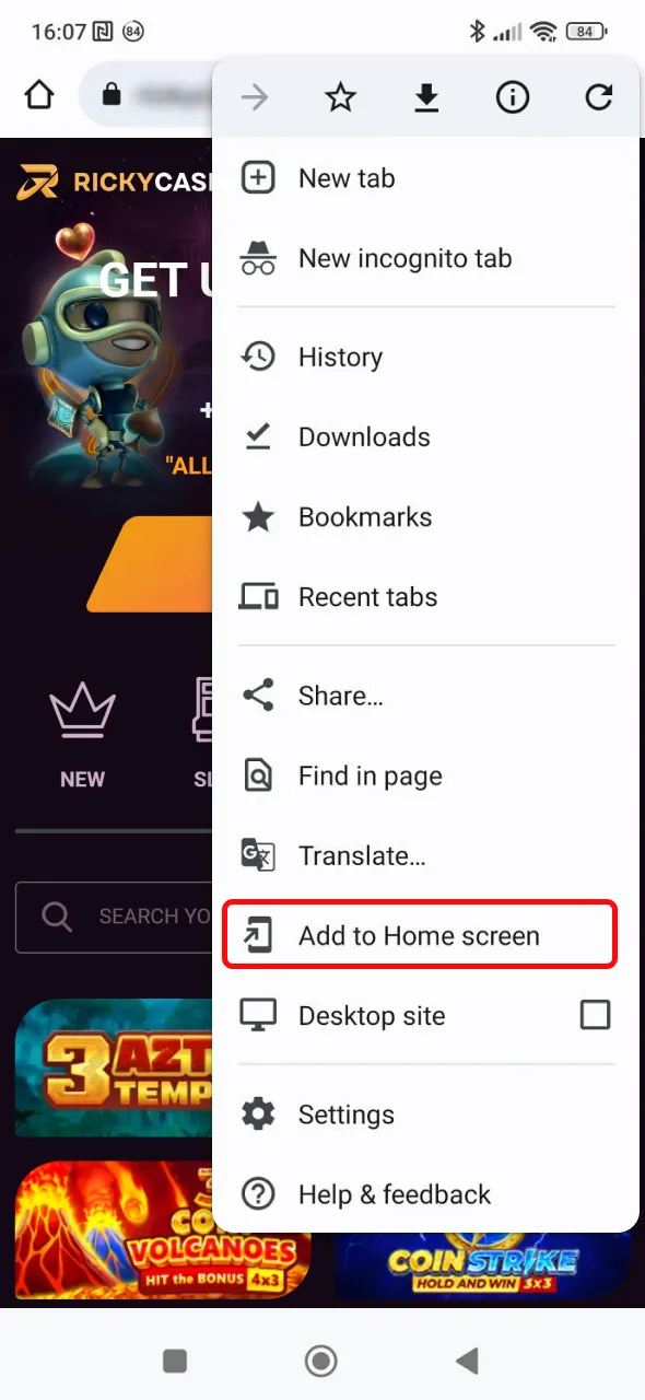Tap the menu icon in Ricky Casino’s Android app to proceed.