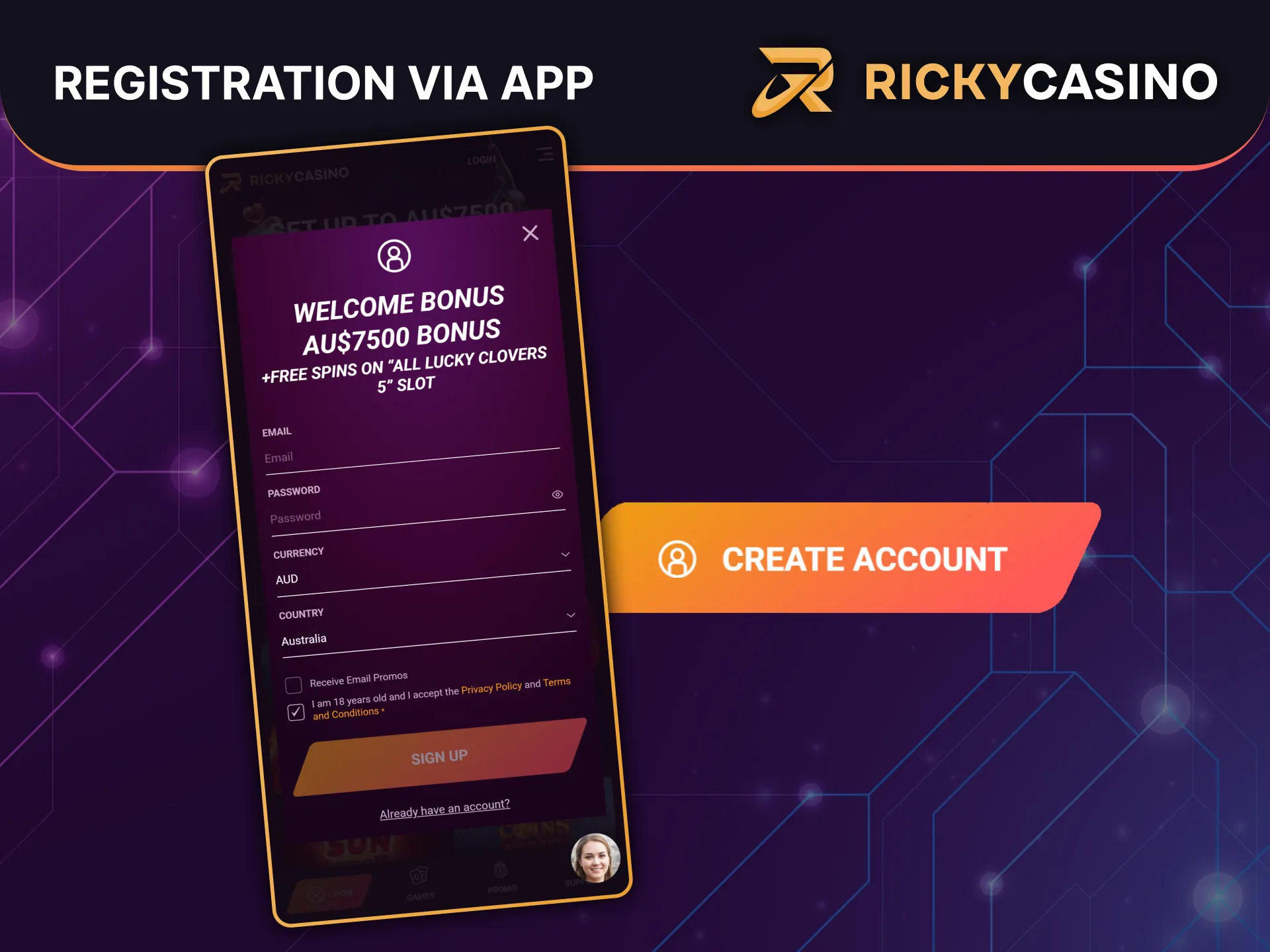 Register a new account easily through the Ricky Casino app.