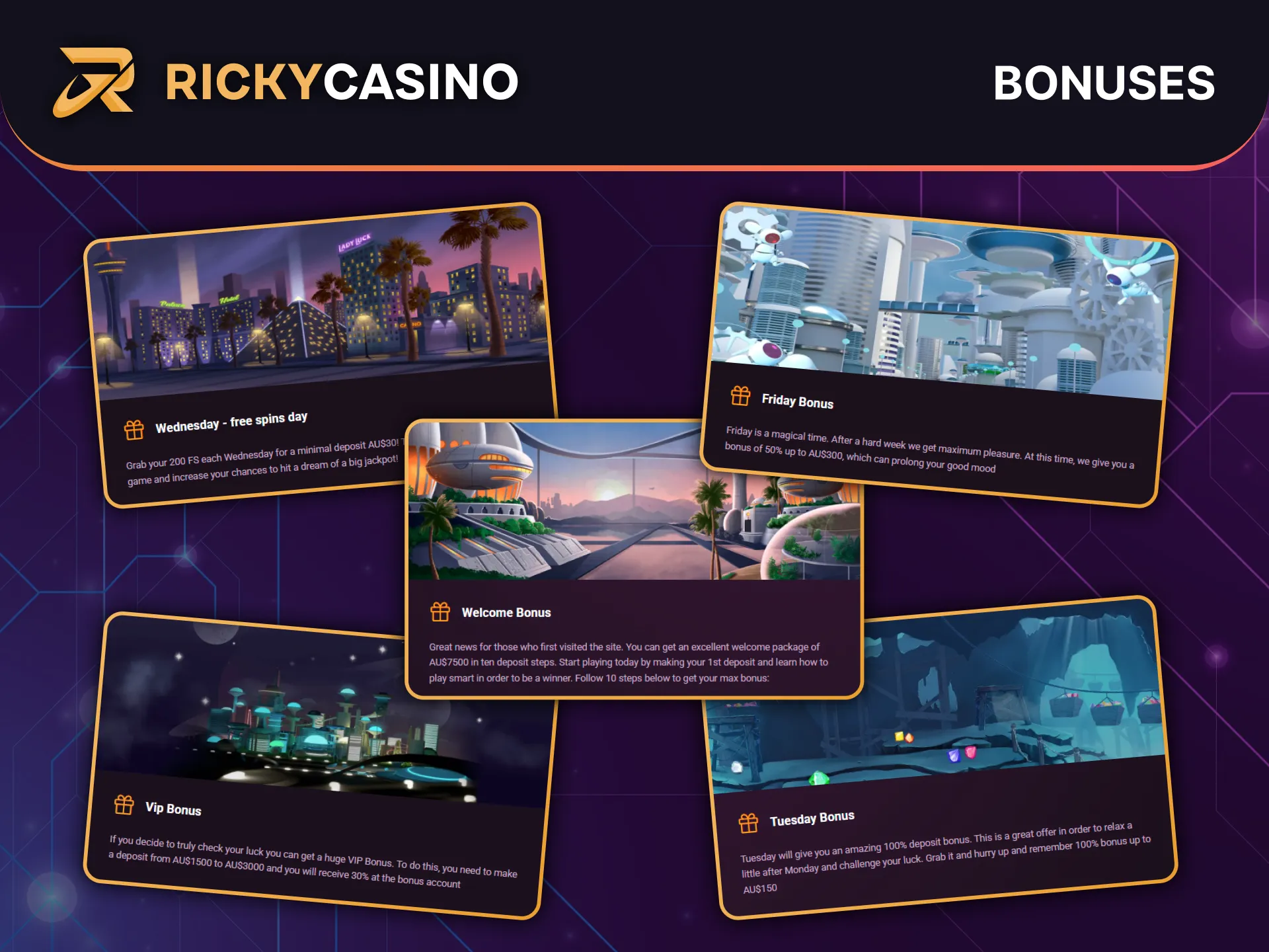 Claim exciting bonuses available to Ricky Casino players in Australia.
