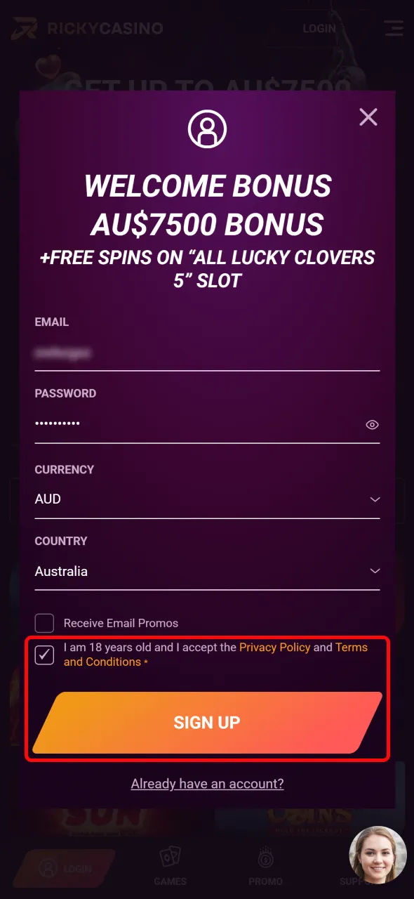 Complete the registration and unlock full access to Ricky Casino features.