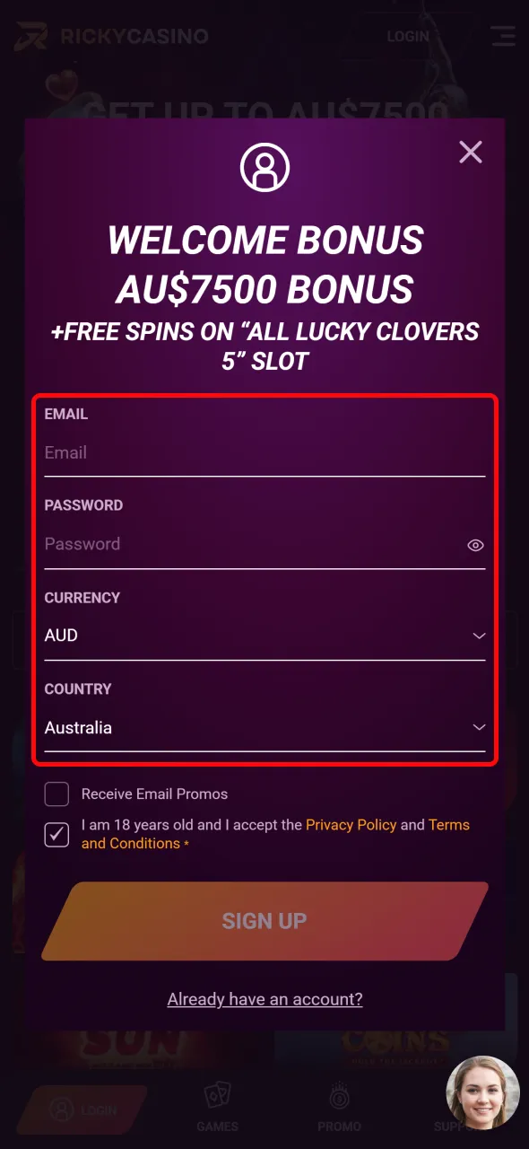 Fill in your personal details to join Ricky Casino smoothly.