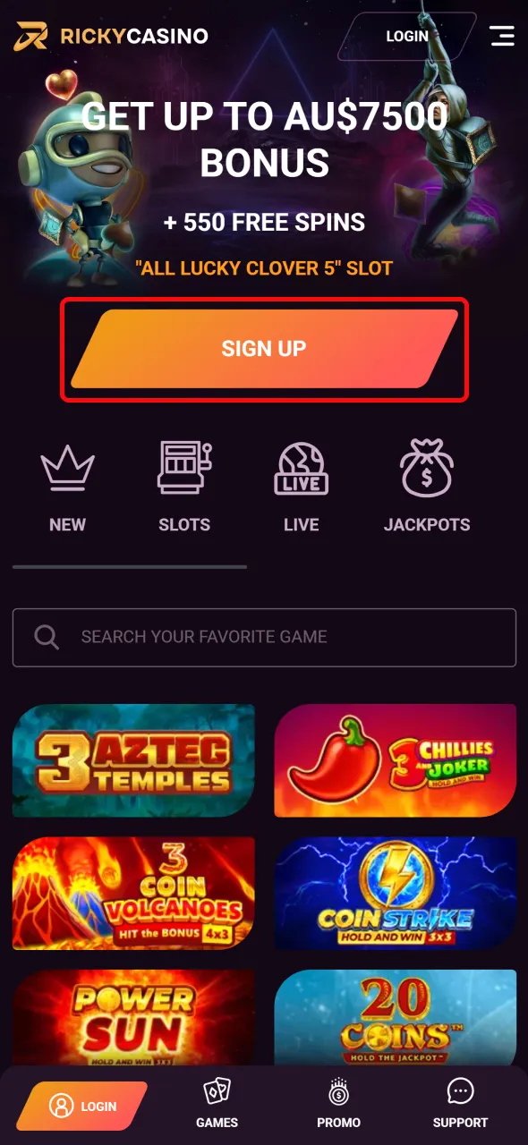 Start your Ricky Casino journey by beginning the quick registration process.