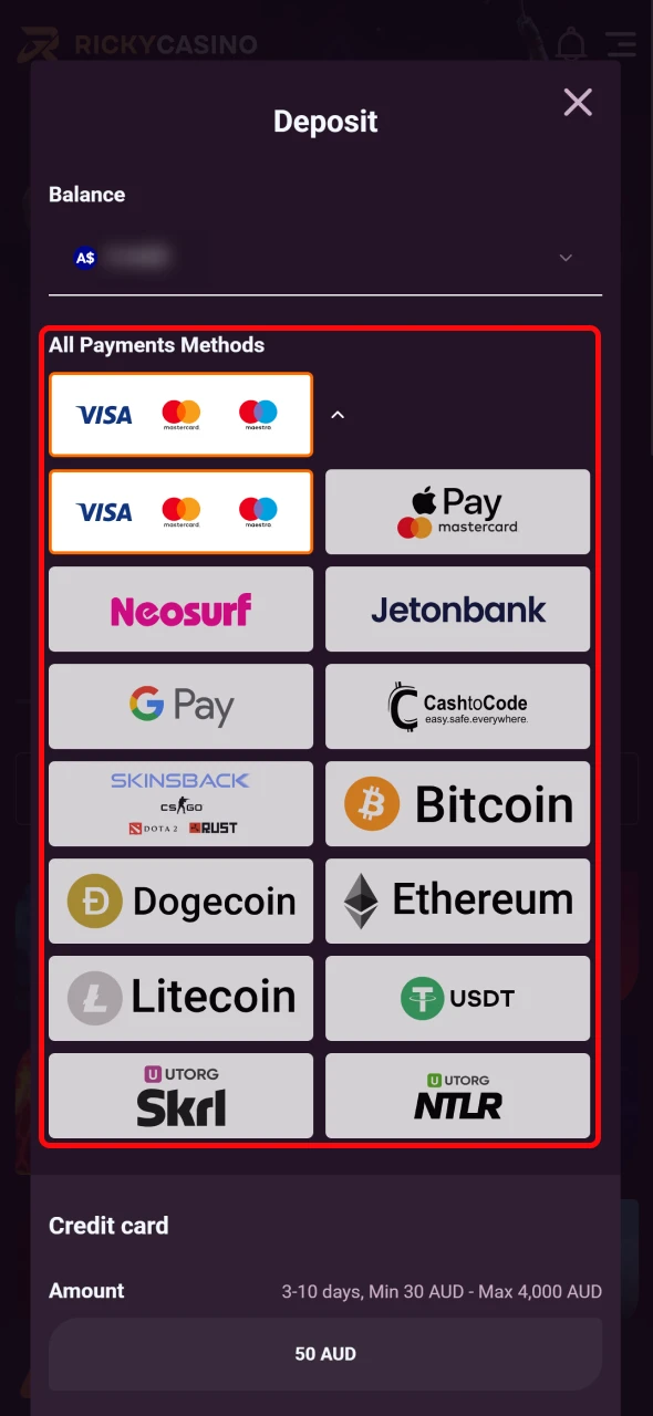 Choose a payment method on Ricky Casino for your deposit.