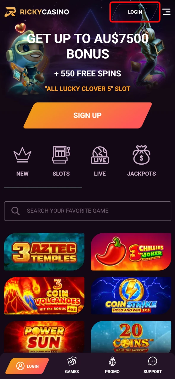 Log in to your Ricky Casino account to make a deposit in Australia.