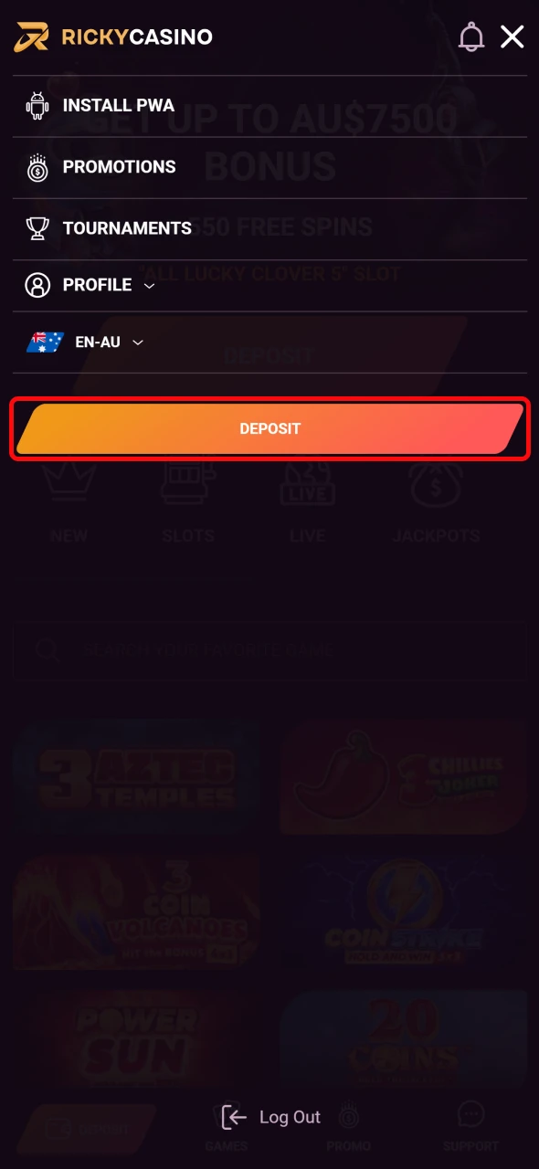 Find the deposit section on Ricky Casino to proceed with funding.