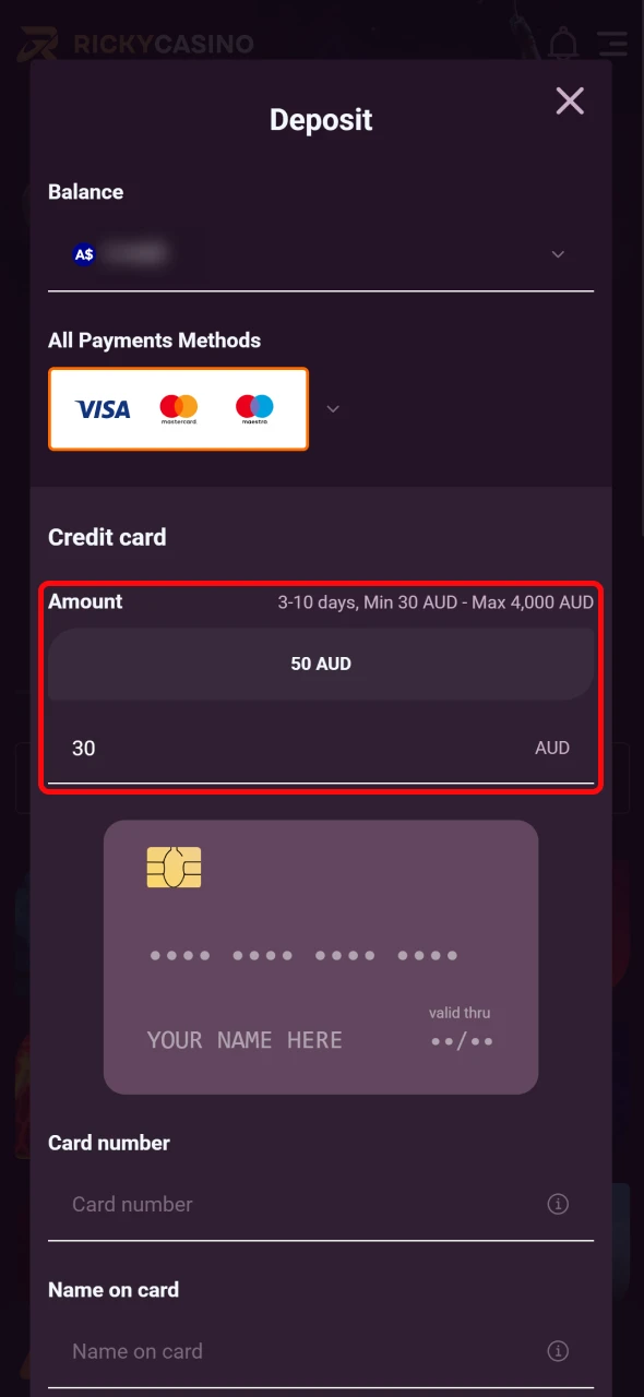 Specify the deposit amount in your Ricky Casino wallet.