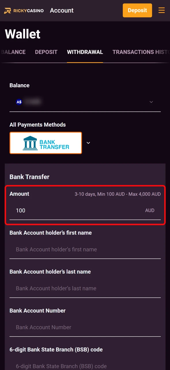 Enter the withdrawal amount on Ricky Casino and proceed.