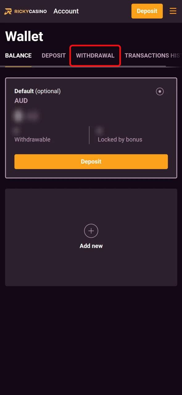 Go to the withdrawal section in Ricky Casino to begin the process.