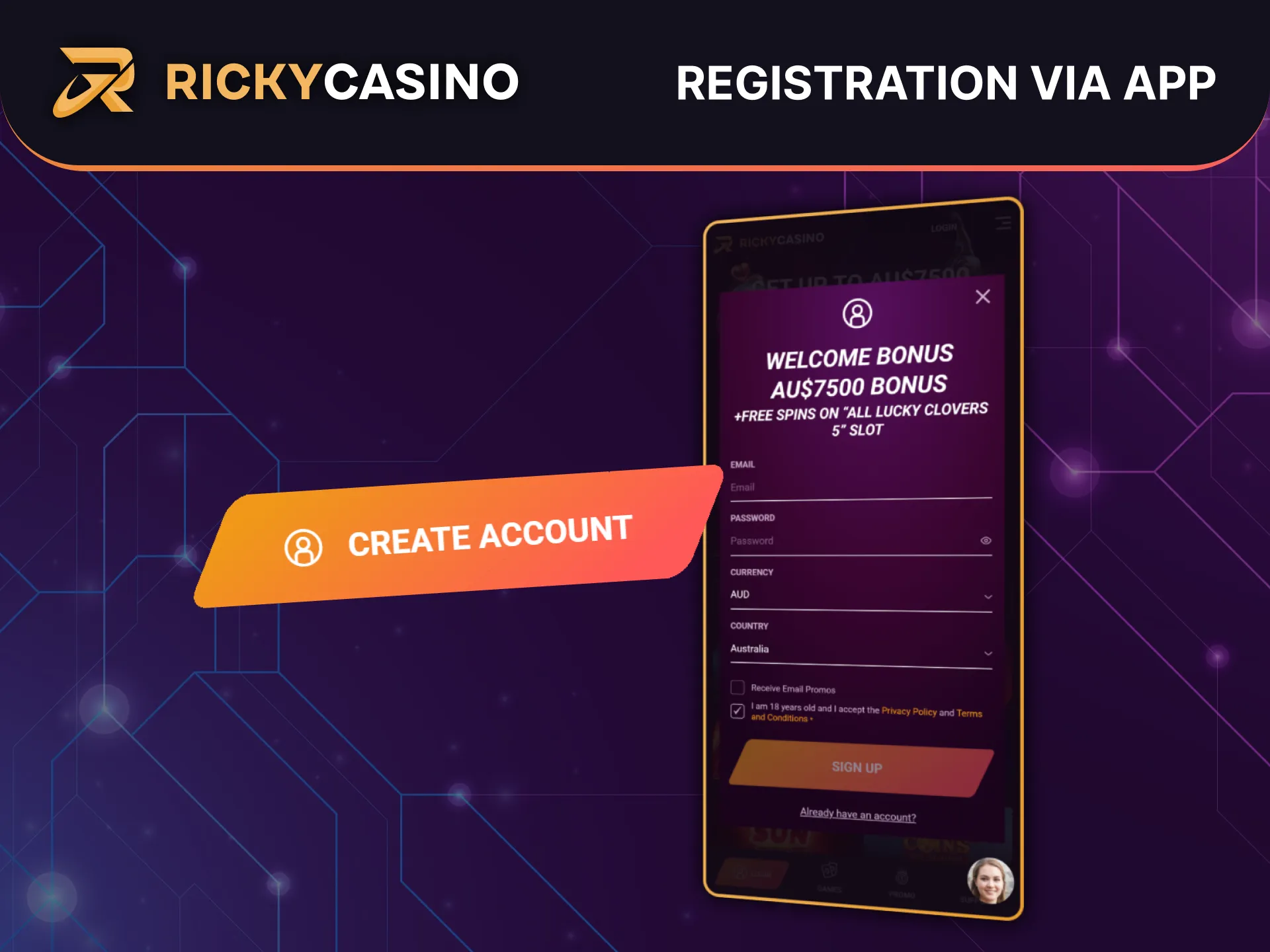 Register quickly via the Ricky Casino mobile app.
