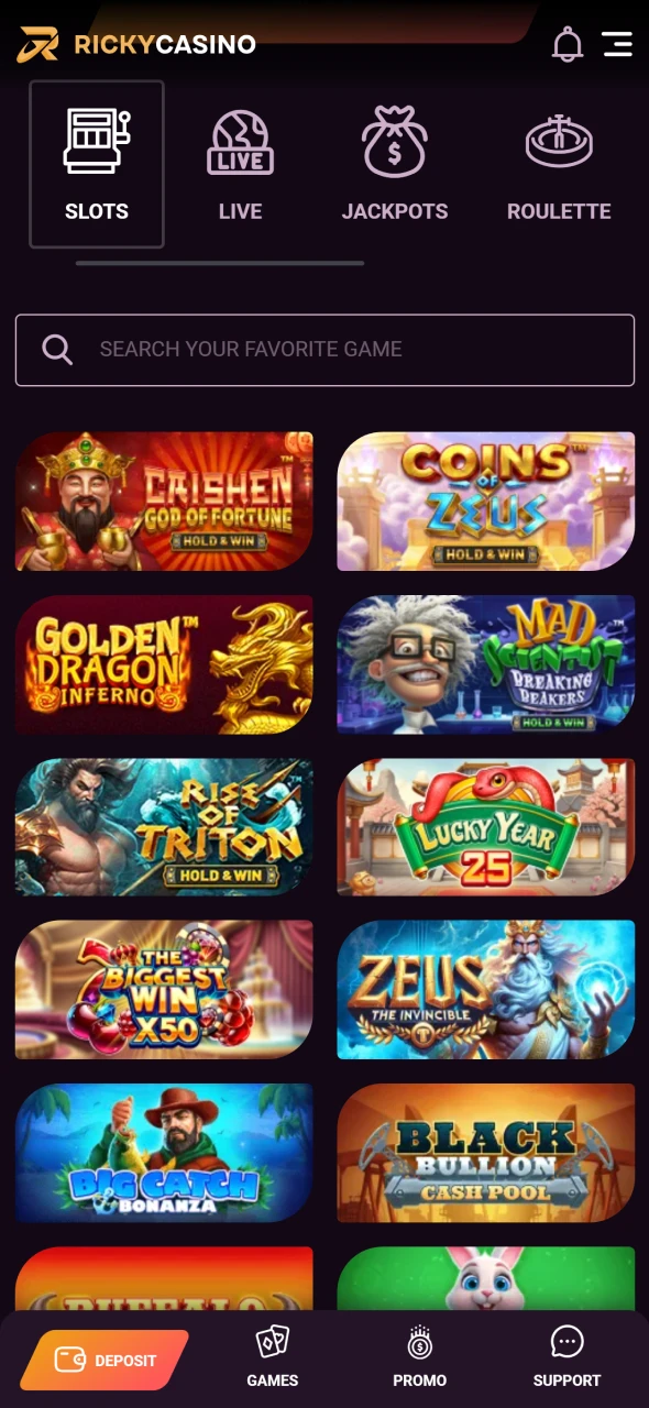 Pick your favorite slot and start spinning at Ricky Casino.