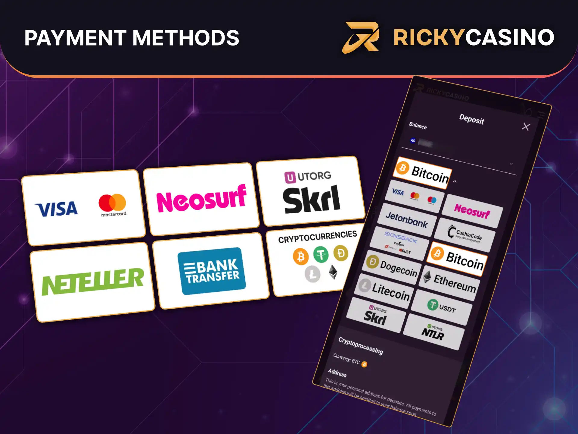 Deposit and withdraw easily at Ricky Casino using a variety of trusted and secure payment options.