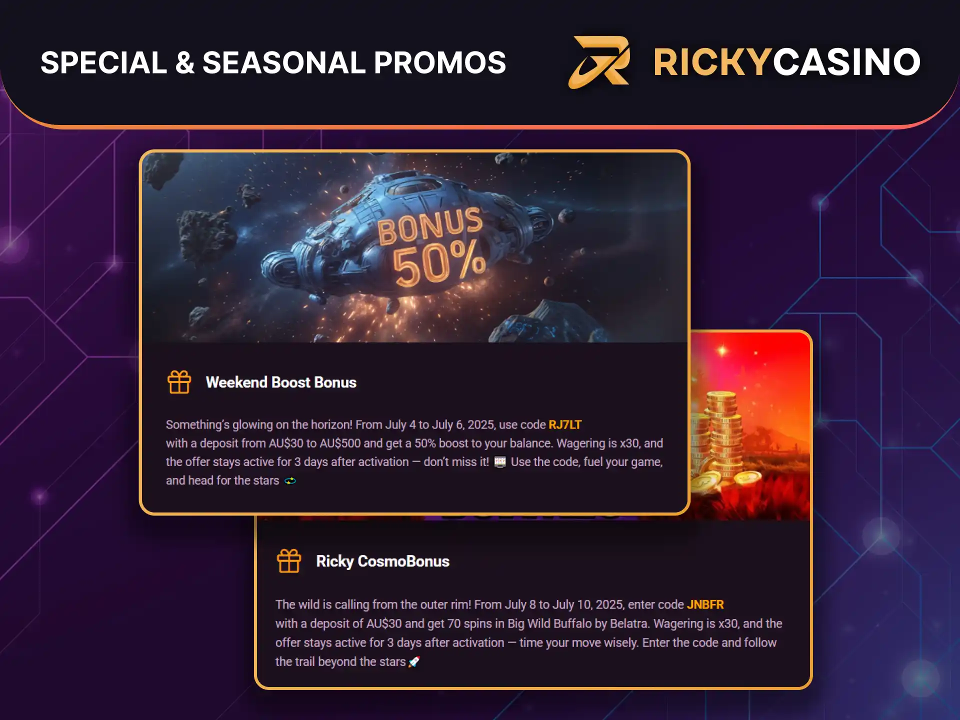 Ricky Casino offers limited-time promos like CosmoBonus and Weekend Boost that may apply to jackpot games.