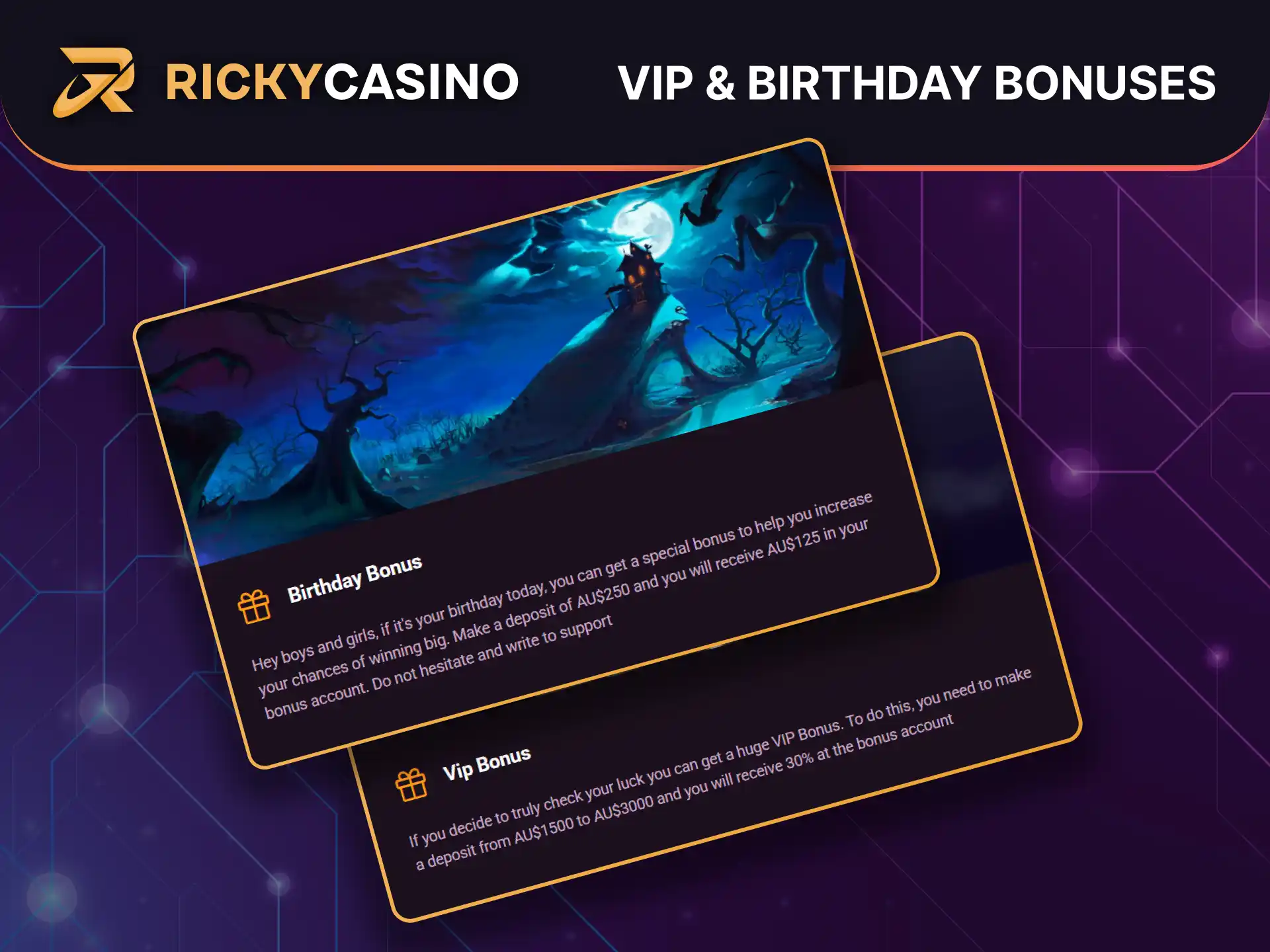 Get VIP reload bonus and birthday gift at Ricky Casino with extra credits on qualifying deposits.