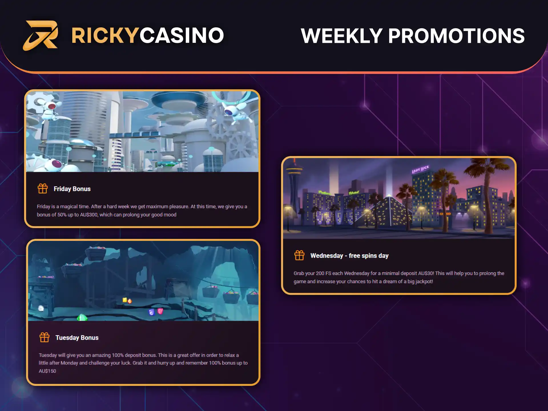 Unlock weekly promotions at Ricky Casino including Tuesday bonus, Wednesday free spins with deposit, and Friday bonus.