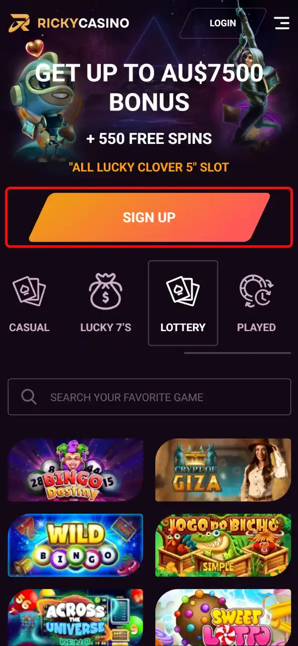 Register at Ricky Casino by hitting the Create Account button and filling in the registration form.