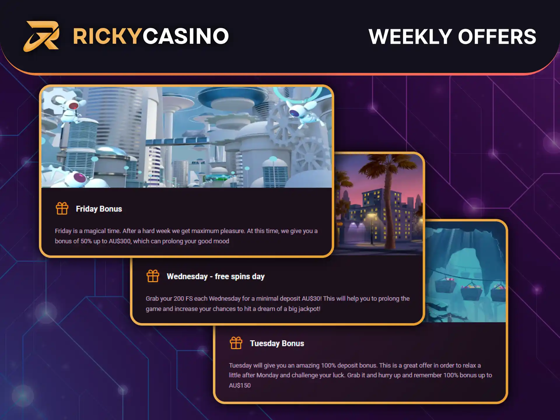 Access weekly promotions at Ricky Casino after unlocking welcome package.