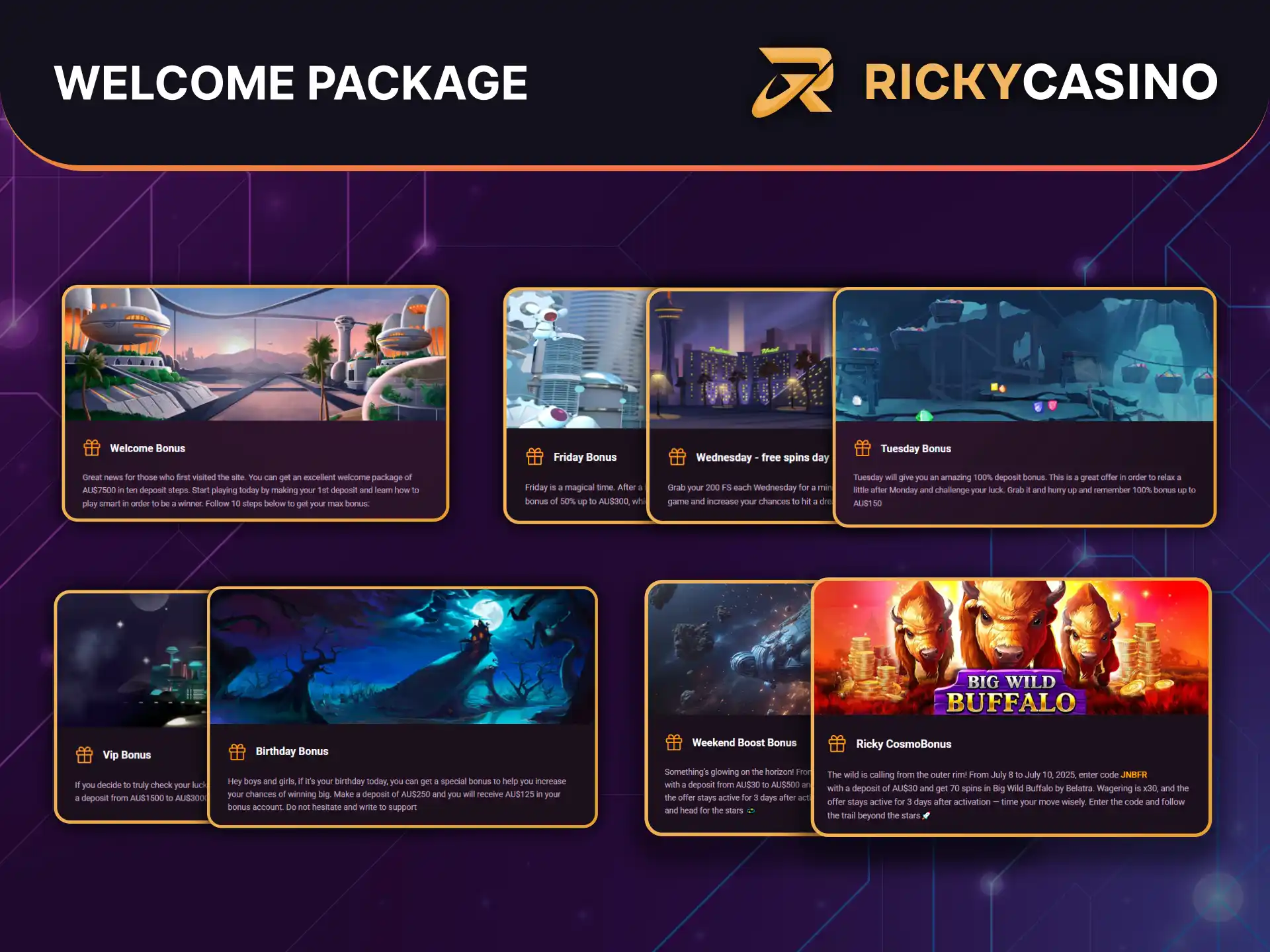 Ricky Casino welcome package spreads bonus and free spins over first ten deposits.