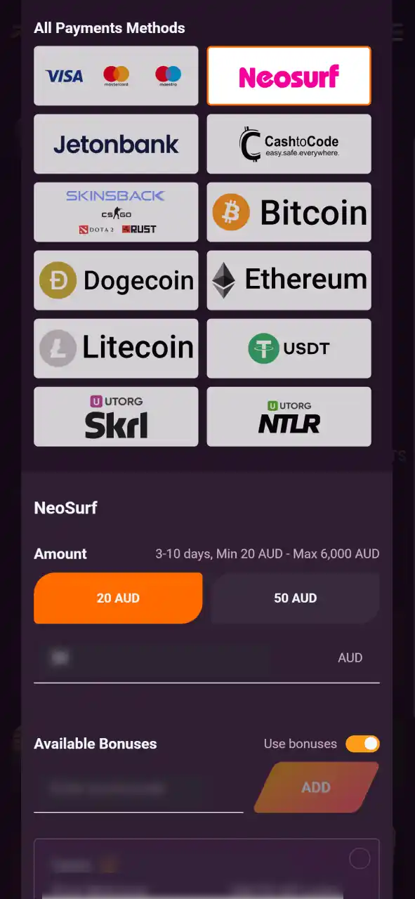 Add funds to your Ricky Casino account using any available payment method.