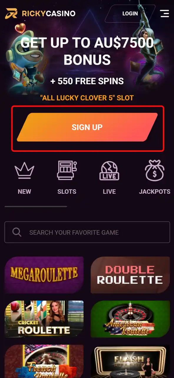Tap Create Account at Ricky Casino and complete the registration form.