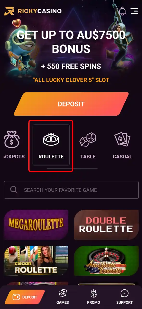 Go to the Roulette section from the main menu at Ricky Casino.
