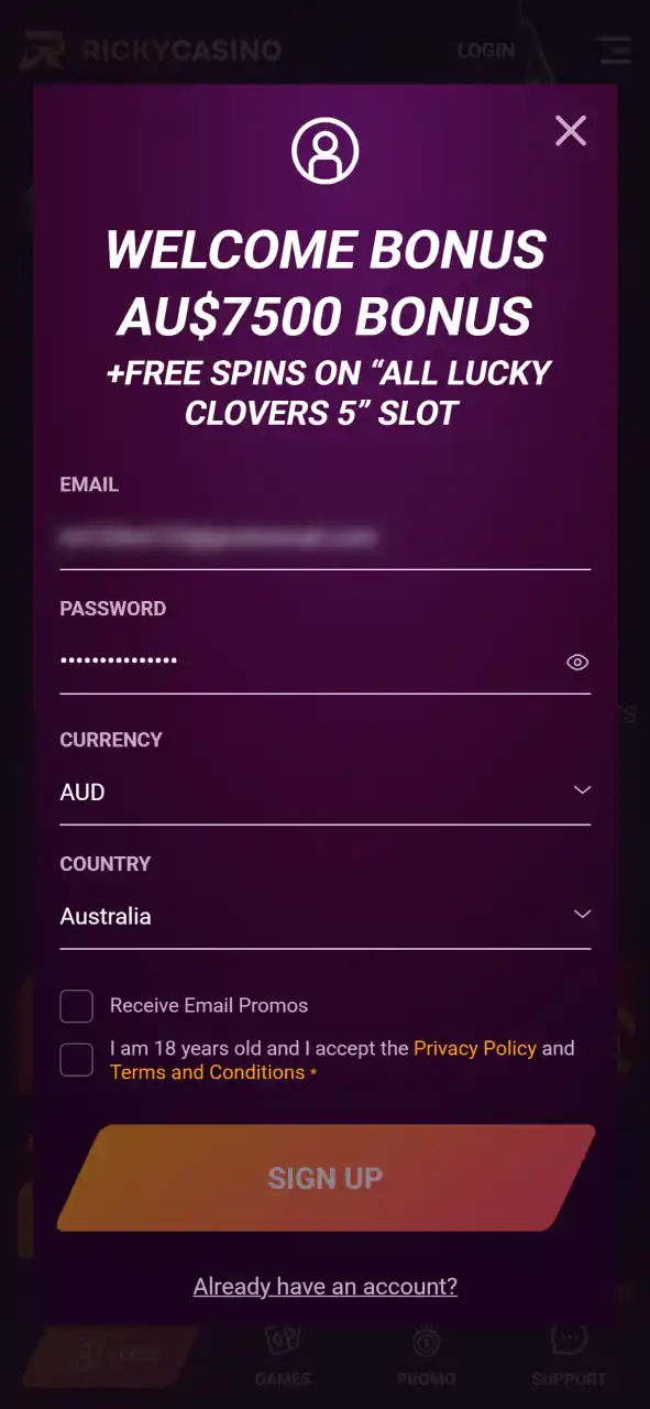 Click on the create account button and complete the Ricky Casino form.