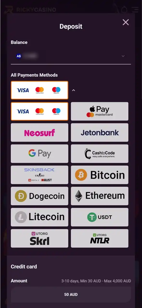 Make your first deposit at Ricky Casino using one of the available payment methods.