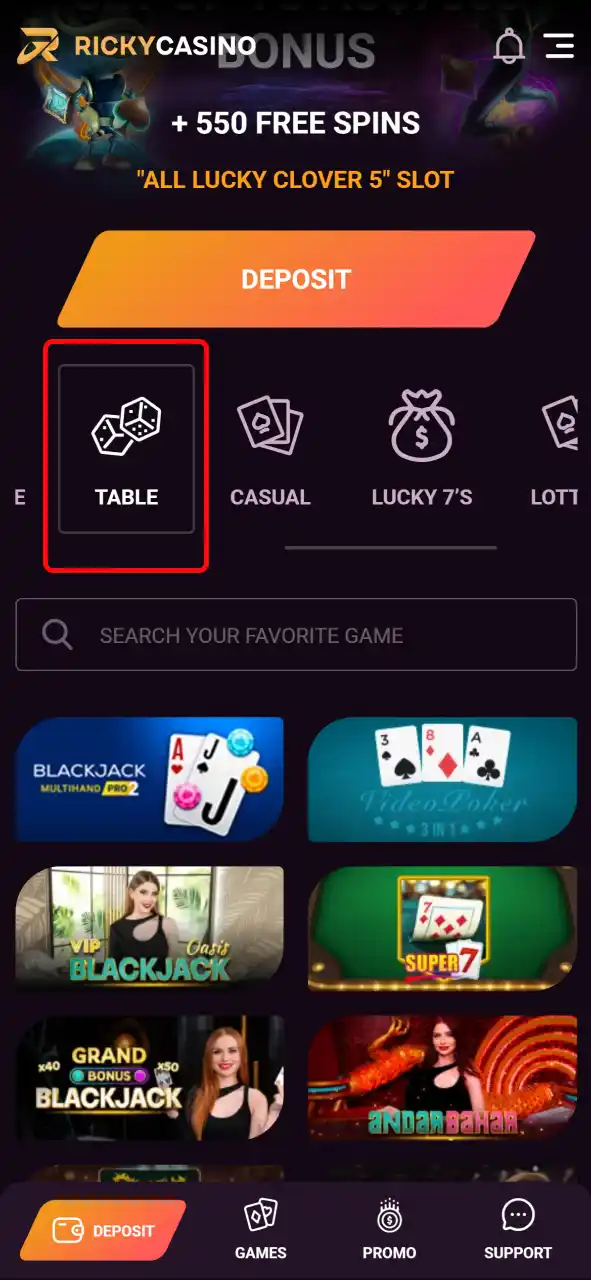 Find Table Games in Ricky Casino by selecting it from the main menu.