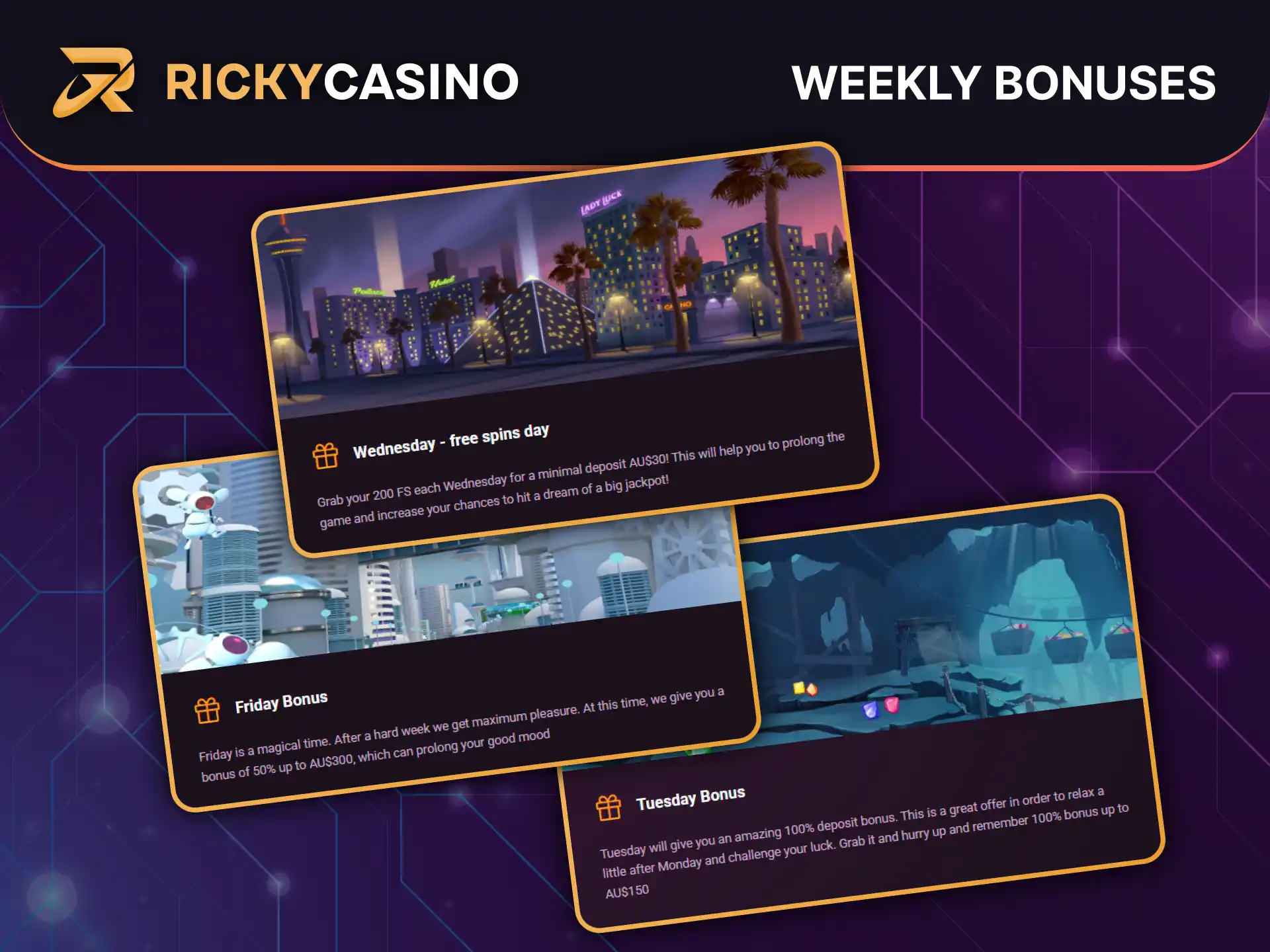 Enjoy Tuesday and Friday bonuses along with midweek free spins at Ricky Casino.