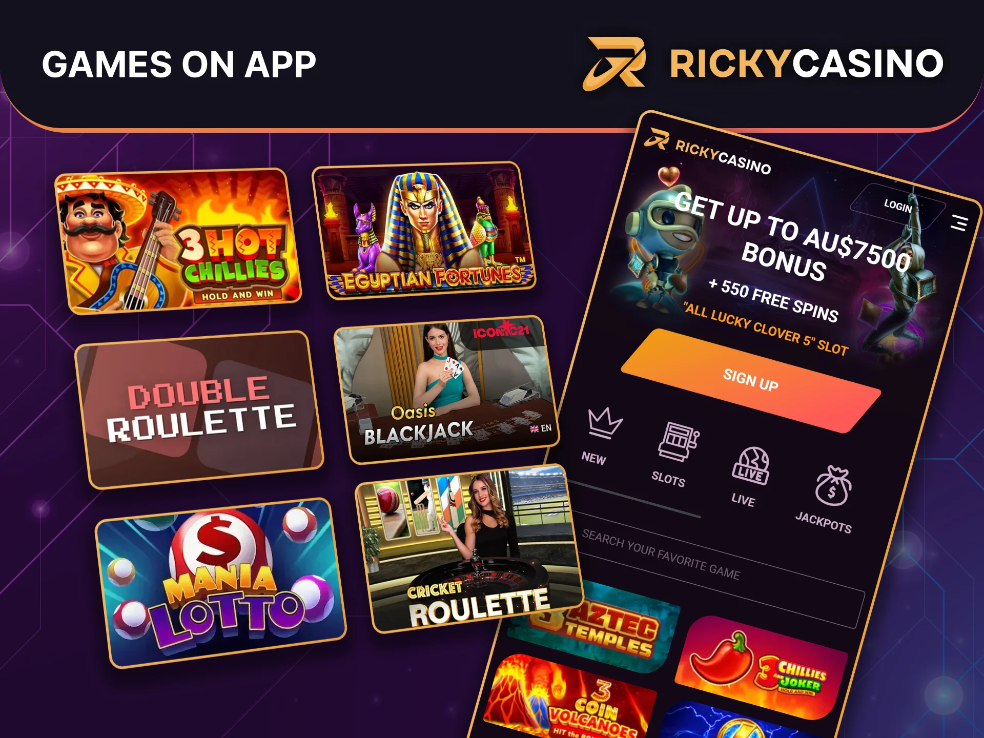 Explore a wide range of casino games on the Ricky Casino app, play slots, live games, and jackpots anytime.
