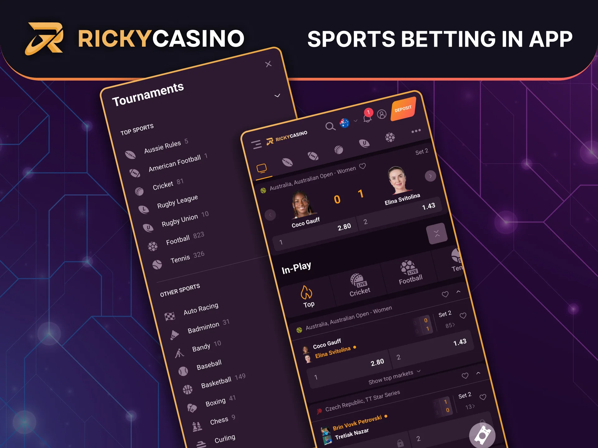 Place live and pre match sports bets on the Ricky Casino app, play wherever you are.