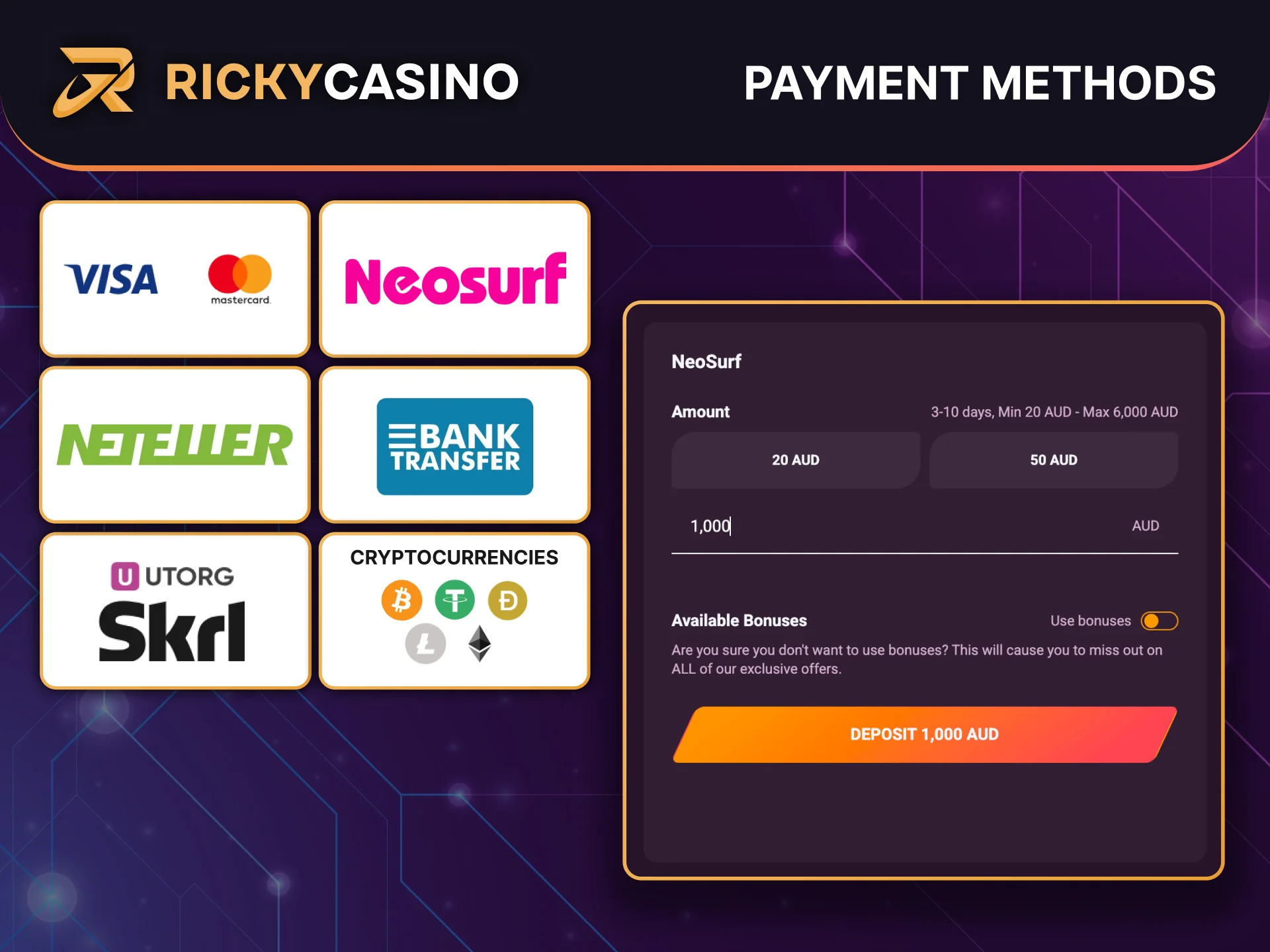 Deposit and withdraw safely with Ricky Casino using trusted payment methods.