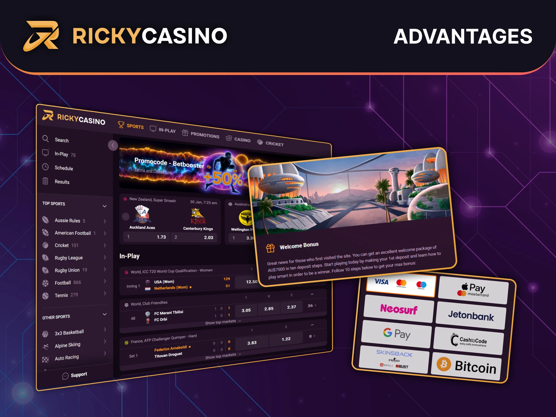 Discover the advantages including diverse payment methods and sports betting at Ricky Casino.