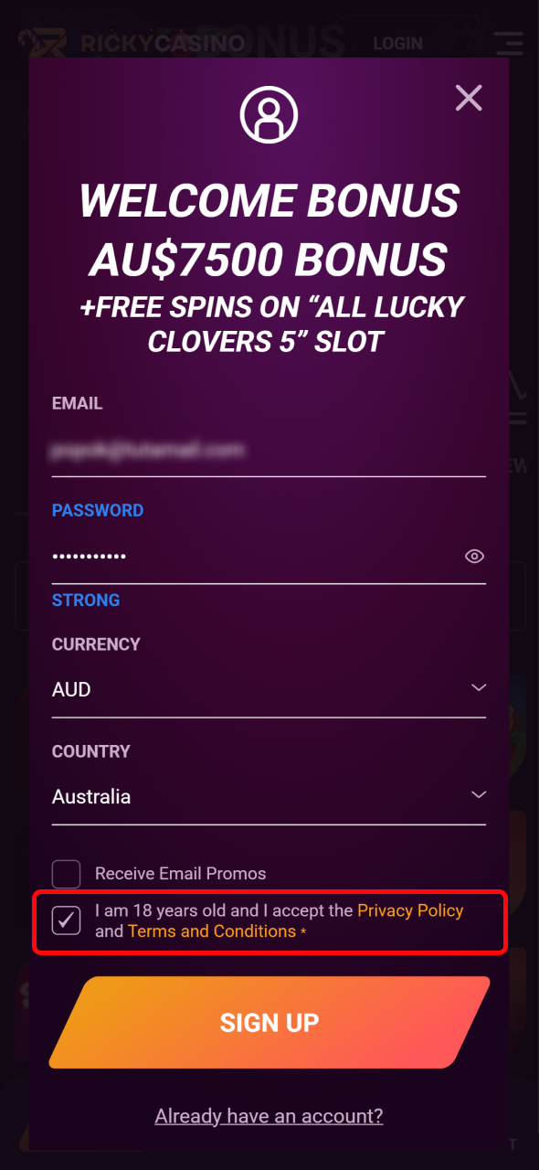 Check the box to accept the terms and conditions to join Ricky Casino.