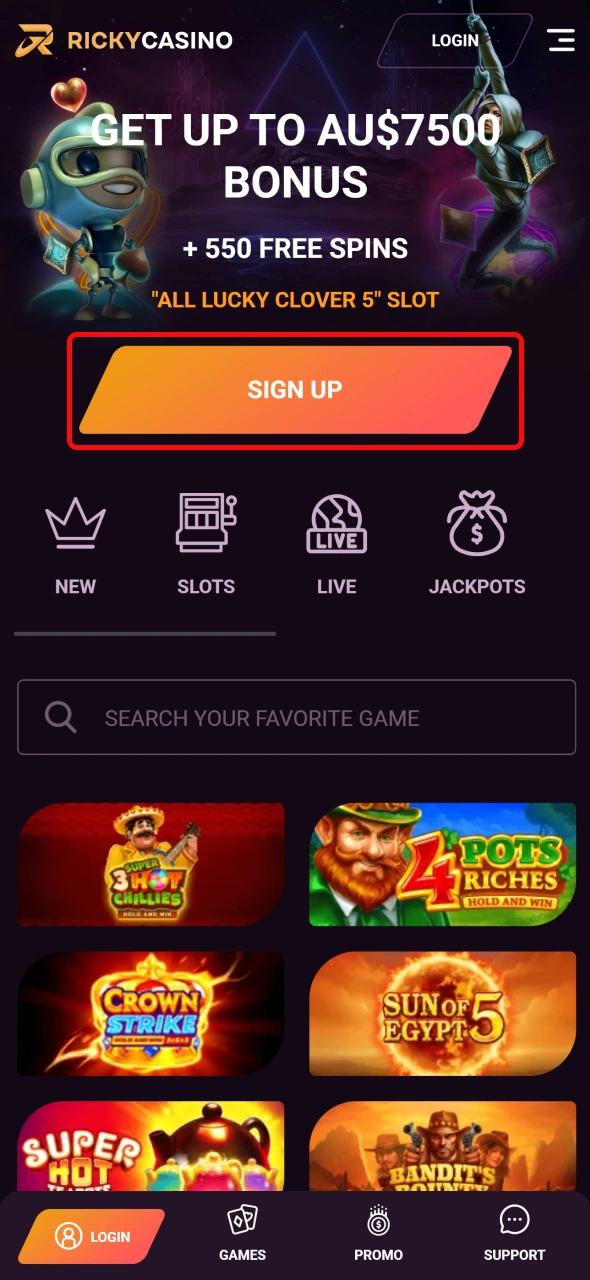 Tap the sign-up button on the main banner to register at Ricky Casino.