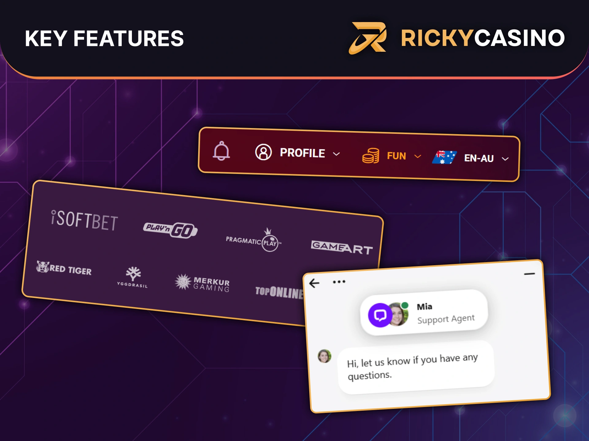Explore key features like top providers and 24/7 support at Ricky Casino.