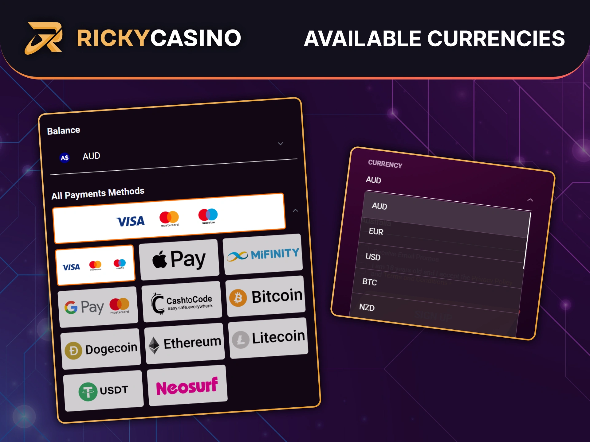 Choose from a wide range of available currencies at Ricky Casino.