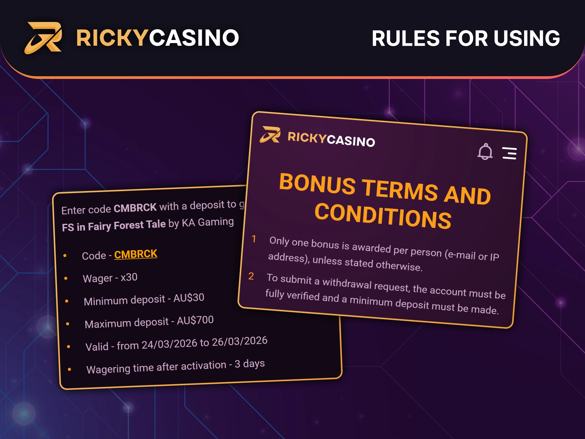 Read the rules for using promo codes at Ricky Casino.